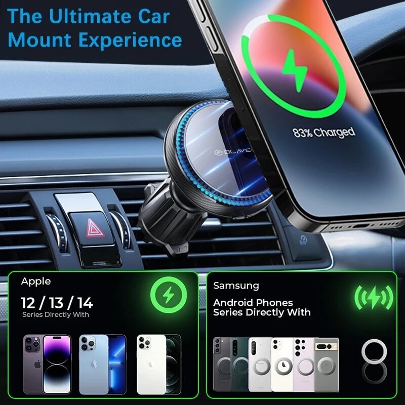 Blavec BH-05 magnetinis automobilinis laikiklis su MagSafe, 15W belaidžiu įkrovimu, 17 magnetų, 360° reguliacija, universalus, juodas 1