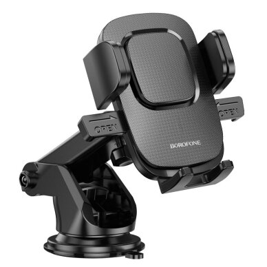 Borofone BH60 Dainty universalus laikiklis ant stiklo ar konsolės, reguliuojamas, UV atsparus, tinka 4,5–7", juodas