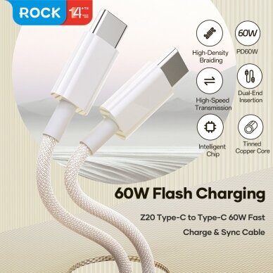 ROCK Z20 USB-C į USB-C kabelis 60W PD 1 m (baltas) 1